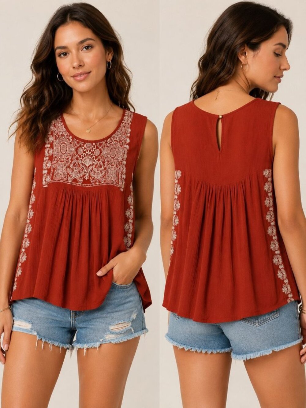 Forever 21 Embroidered Red Sleeveless Boho Blouse Womens Small